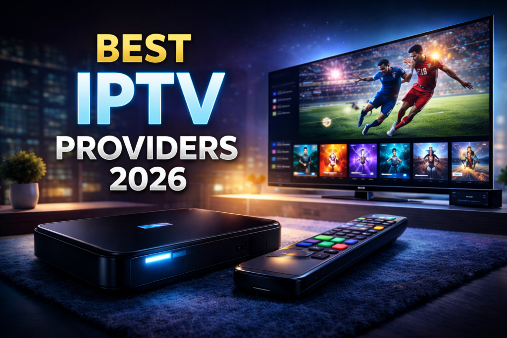 Best IPTV providers in 2026 displayed on a modern TV with streaming interface and IPTV box