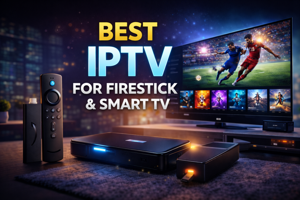 Best IPTV for Firestick and Smart TV in 2026 with streaming device and TV interface