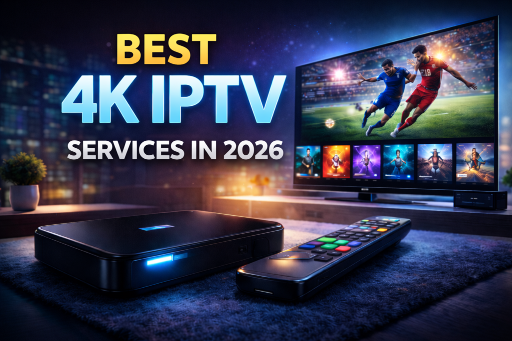 Best 4K IPTV services in 2026 shown on a modern TV with IPTV box and remote