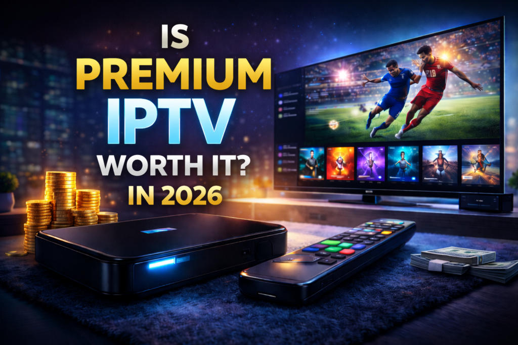 Is IPTV premium worth it in 2026 with IPTV box, TV screen, and money concept