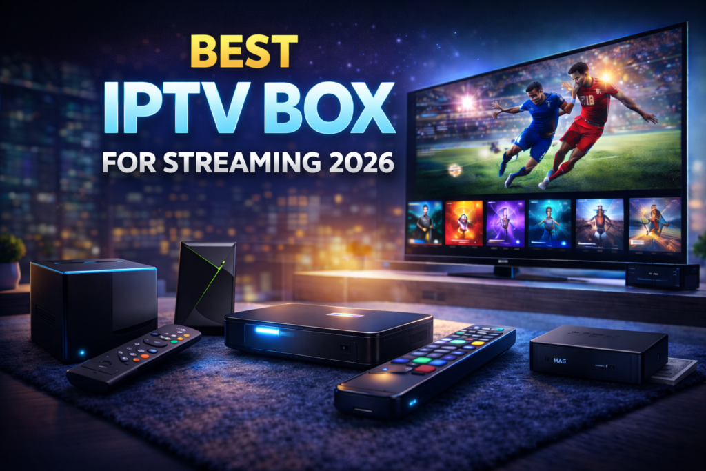 Best IPTV box for streaming in 2026 with multiple IPTV devices and TV screen
